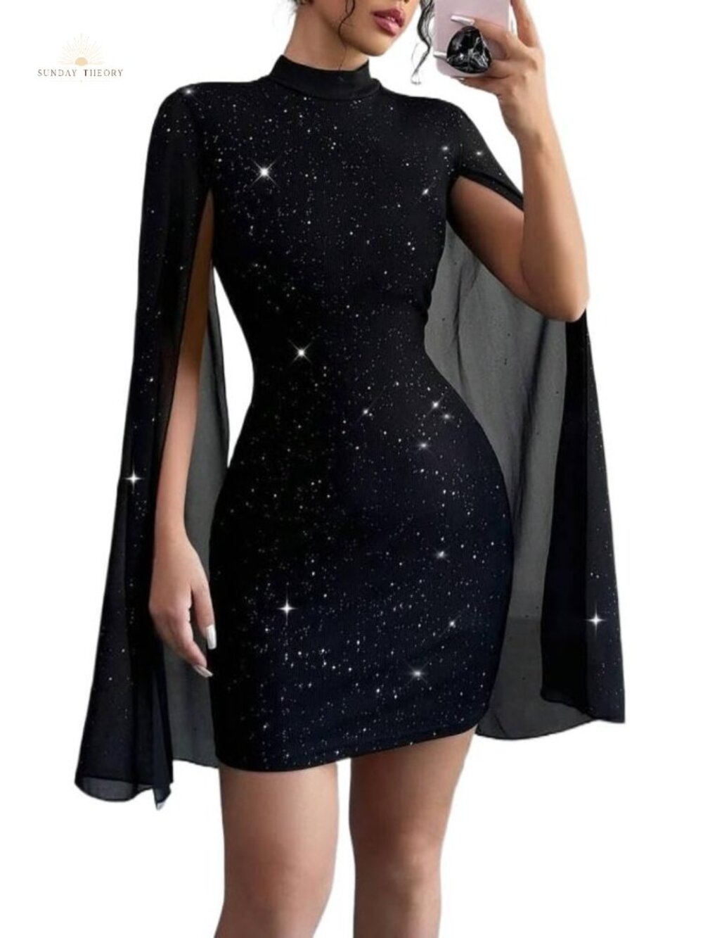 Glitter Bodycon Mini Dress Mock Neck Cape Sleeve Cocktail Party
